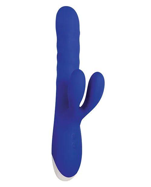 Female Sex Toys Evolved Grand Slam Thrusting and Twirling Rechargeable Silicone Vibrator with Clitoral Stimulator Blue