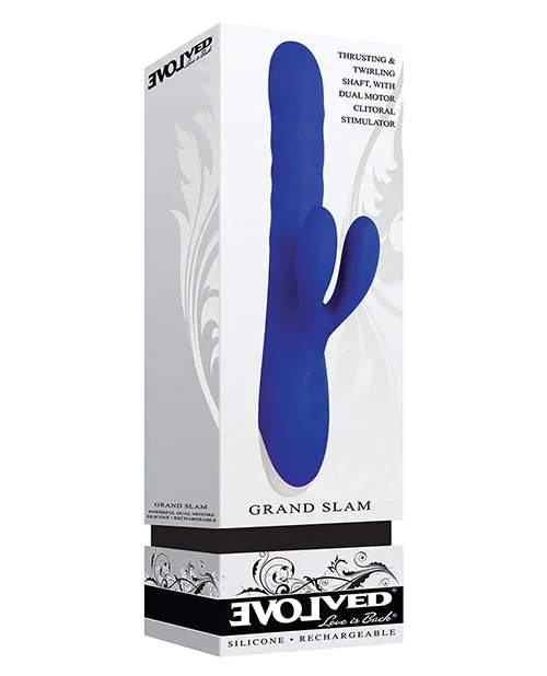 Female Sex Toys Evolved Grand Slam Thrusting and Twirling Rechargeable Silicone Vibrator with Clitoral Stimulator Blue