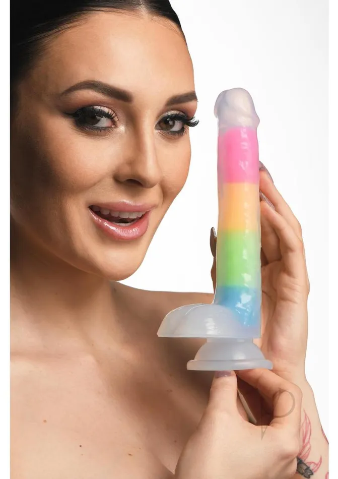 Female Sex Toys Lollicock Lollicock Glow in the Dark Rainbow Silicone Dildo with Balls 7in