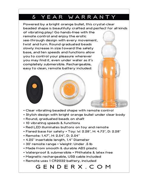 Gender X Orange Dream Silicone Rechargeable Beads with Remote Control ClearOrange Gender X Female Sex Toys