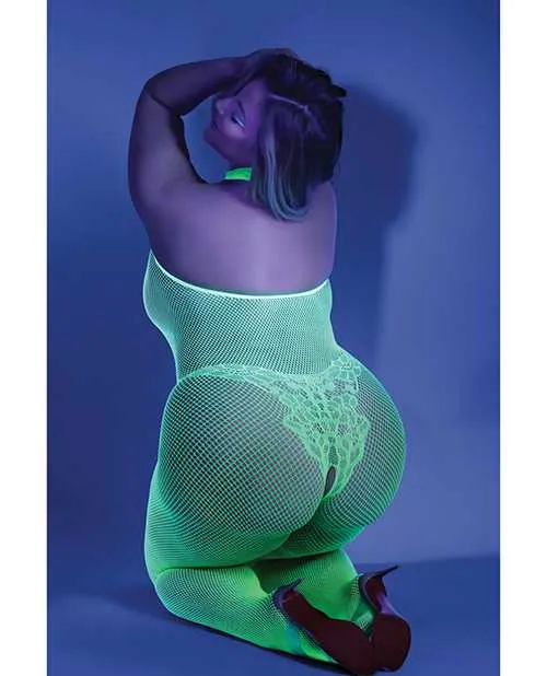 Glow By Fantasy Lingerie Anal Glow Black Light Crotchless Bodystocking Neon Green QN Glow By Fantasy Lingerie Anal Glow Black Light Crotchless Bodystocking Neon Green QN