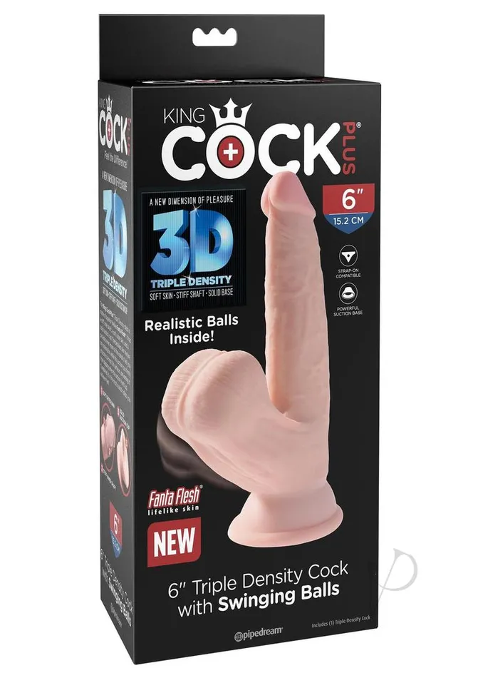King Cock Dildos King Cock Triple Density Cock with Swinging Balls 6in Vanilla