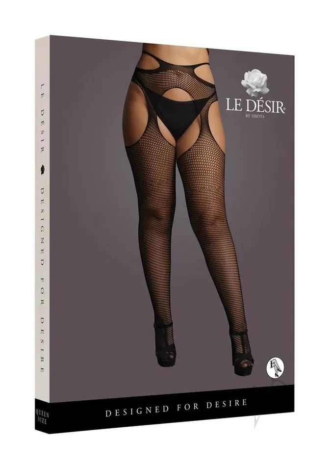 Le Desir Anal Le Desir Suspender Pantyhose with Strappy Waist Queen Black