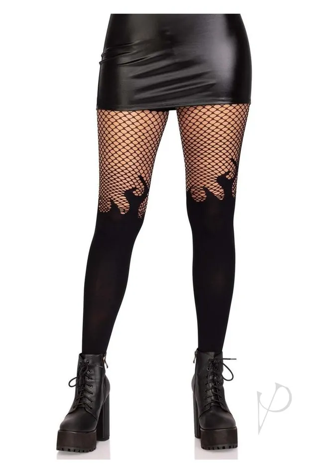 Leg Avenue Anal Leg Avenue Opaque Flame Tights with Fishnet Top OS Black