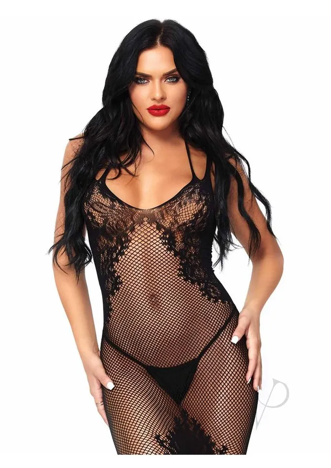 Leg Avenue Couples Leg Avenue Seamless Net and Lace Dual Strap Halter Dress with Faux Lace Up Back OS Black Leg Avenue Couples Leg Avenue Seamless Net and Lace Dual Strap Halter Dress with Faux Lace Up Back OS Black