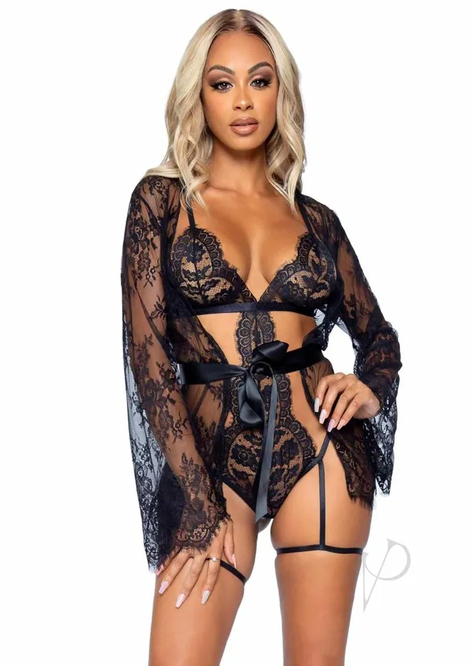 Leg Avenue Eyelash Lace Garter Teddy with GString Back and Adjustable Straps Lace Robe and Ribbon Tie 3 pieces Medium Black Leg Avenue Male Sex Toys