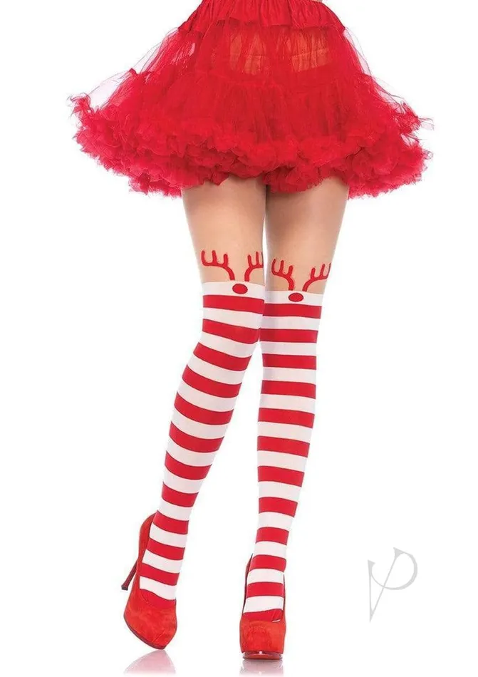 Leg Avenue Vibrators Leg Avenue Rudolph Reindeer Opaque Striped Pantyhose with Sheer Thigh High OS RedWhite