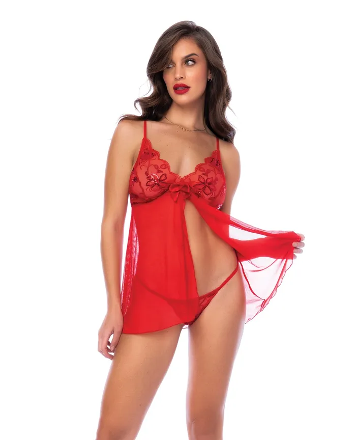 Mapale Vibrators Sequin Embellished Babydoll wGString Red SM