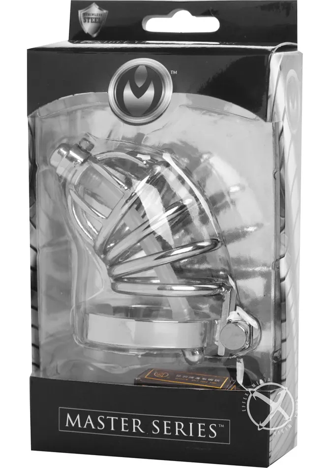 Master Series Male Sex Toys Master Series Stainless Steel Chastity Cage with Silicone Urethral Plug