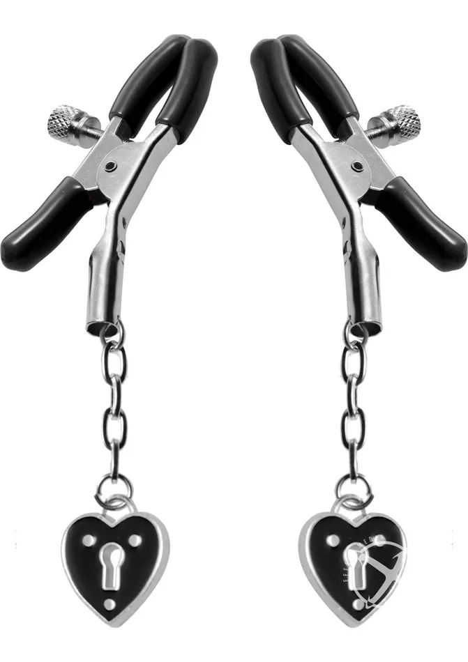 Master Series Platinum Bound Charmed Heart Padlock Nipple Clamps Silver Master Series Platinum Bound Anal