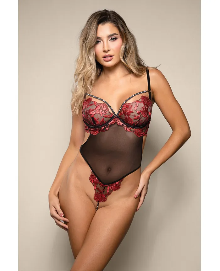 Opulence By Fantasy Vibrators Opulence Embroidered Underwire Open Crotch Teddy wPearl Detail Red ML Opulence By Fantasy Vibrators Opulence Embroidered Underwire Open Crotch Teddy wPearl Detail Red ML