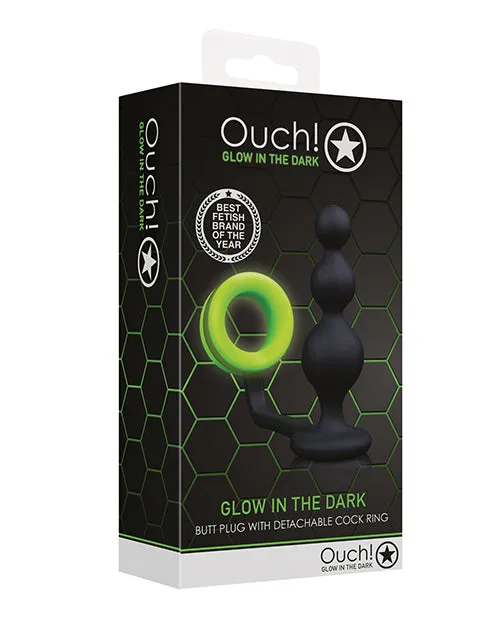 Ouch Beads Butt Plug with Cock Ring Silicone Glow in the Dark Green Ouch Male Sex Toys