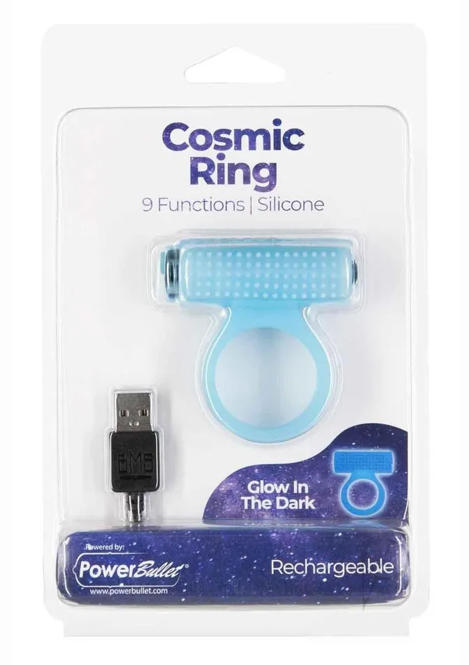 Powerbullet Male Sex Toys PowerBullet Cosmic Ring Rechargeable Silicone Vibrating Cock Ring Glow in the Dark Blue