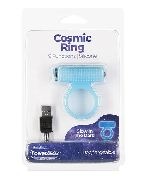 Powerbullet Male Sex Toys PowerBullet Cosmic Ring Rechargeable Silicone Vibrating Cock Ring Glow in the Dark Blue
