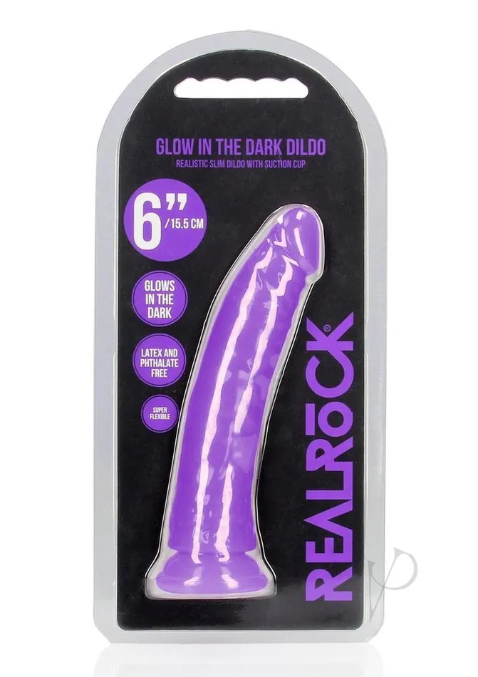 Real Rock Female Sex Toys RealRock Slim Glow in the Dark Dildo with Suction Cup 6in Purple Real Rock Female Sex Toys RealRock Slim Glow in the Dark Dildo with Suction Cup 6in Purple