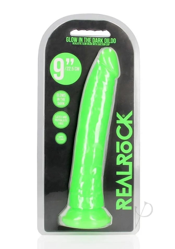 RealRock Slim Glow in the Dark Dildo with Suction Cup 9in Green Real Rock Female Sex Toys RealRock Slim Glow in the Dark Dildo with Suction Cup 9in Green Real Rock Female Sex Toys
