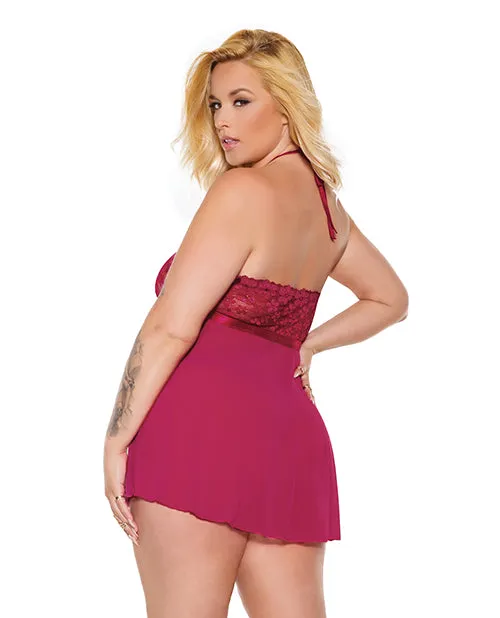 Scallop Stretch Lace Sheer Mesh Halter Babydoll Adjustable Thong Raspberry OSXL Coquette Male Sex Toys Scallop Stretch Lace Sheer Mesh Halter Babydoll Adjustable Thong Raspberry OSXL Coquette Male Sex Toys