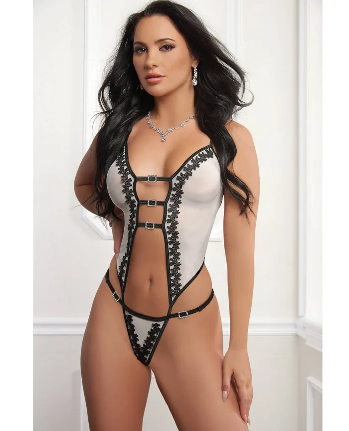 Sheer Teddy with Embroidery Rhinestone Details WhiteBlack OS G World Anal