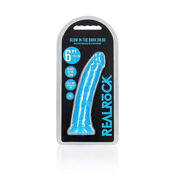 Shots Toys Dildos REALROCK 6 Inch Slim Glow in the Dark Neon Blue