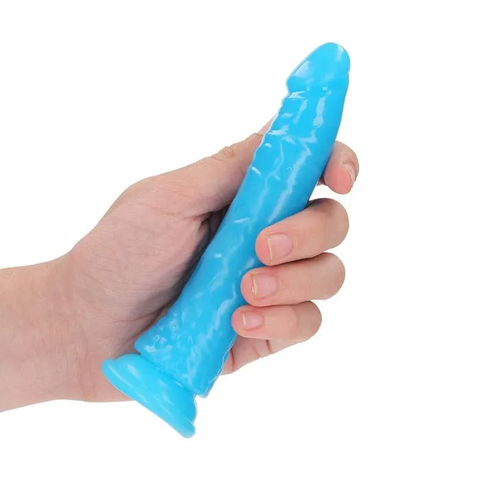 Shots Toys Dildos REALROCK 6 Inch Slim Glow in the Dark Neon Blue