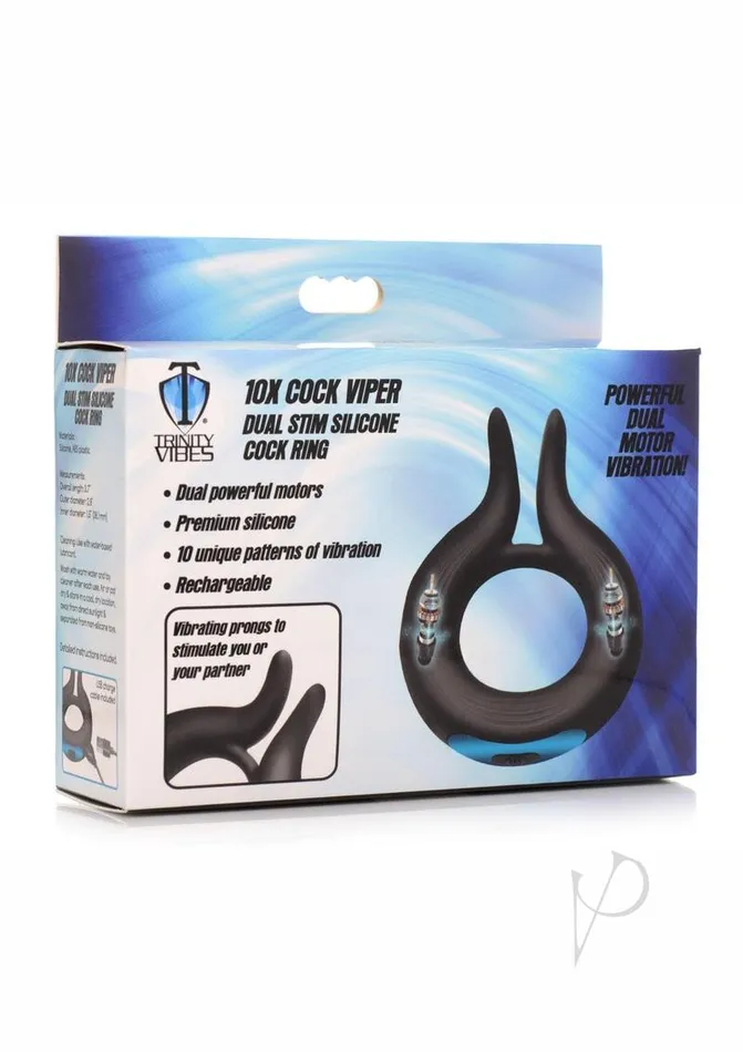 Trinity Men Male Sex Toys Trinity Men 10X Cock Viper Dual Stimulating Rechargeable Silicone Cock Ring Black