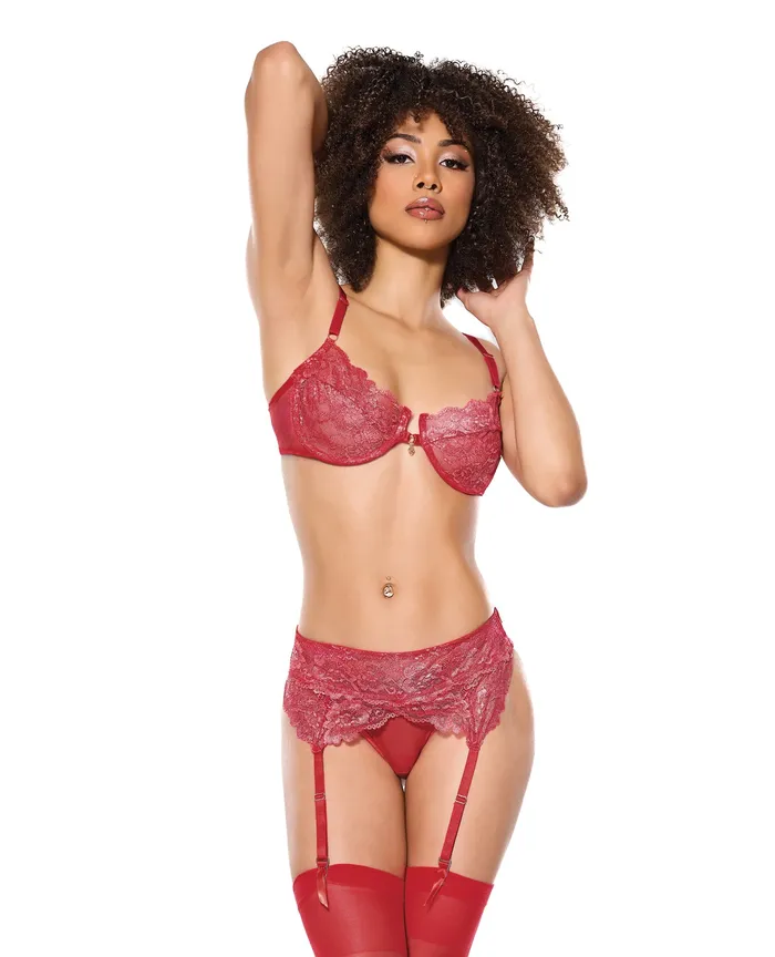 Vibrators Coquette Metallic Stretch Lace Underwire Bra wCrotchless Garter Panty Red MD Vibrators Coquette Metallic Stretch Lace Underwire Bra wCrotchless Garter Panty Red MD